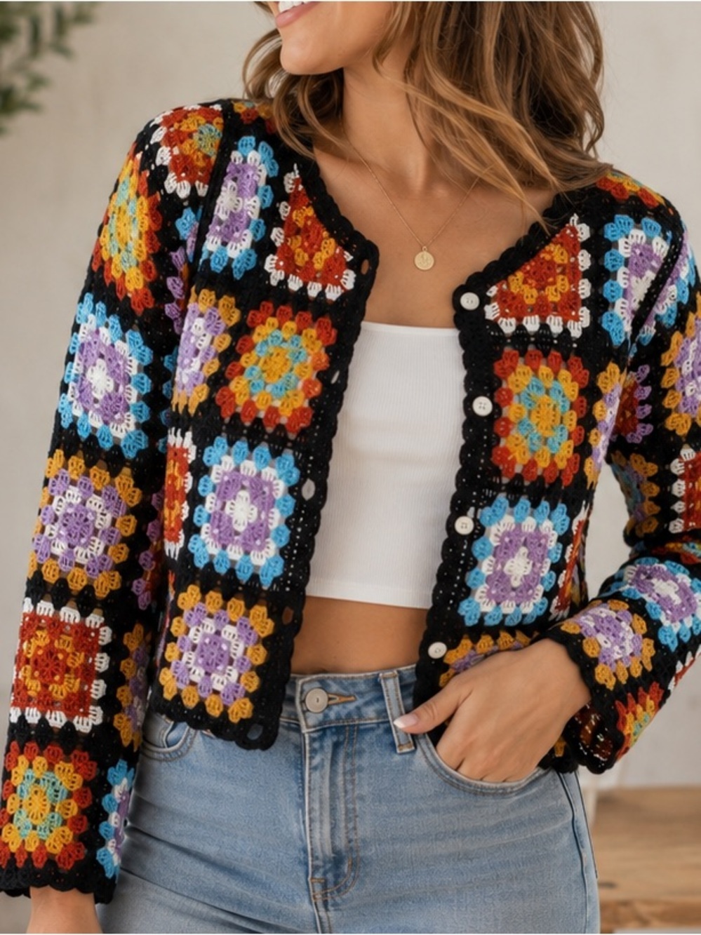 Granny Square Crochet Cardigan One Size Black Multi Handcrafted Style